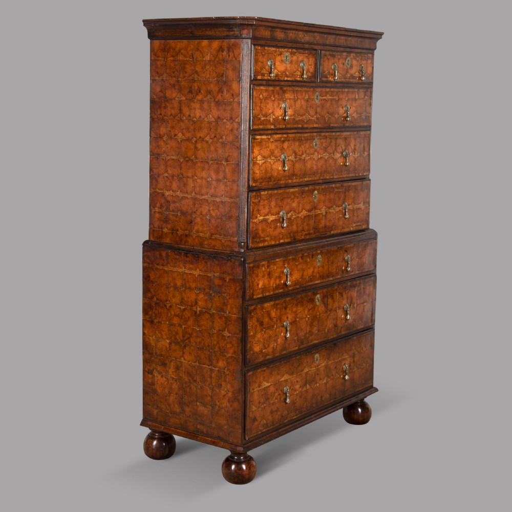 A Walnut and Yew Wood Oyster Chest on Chest View II