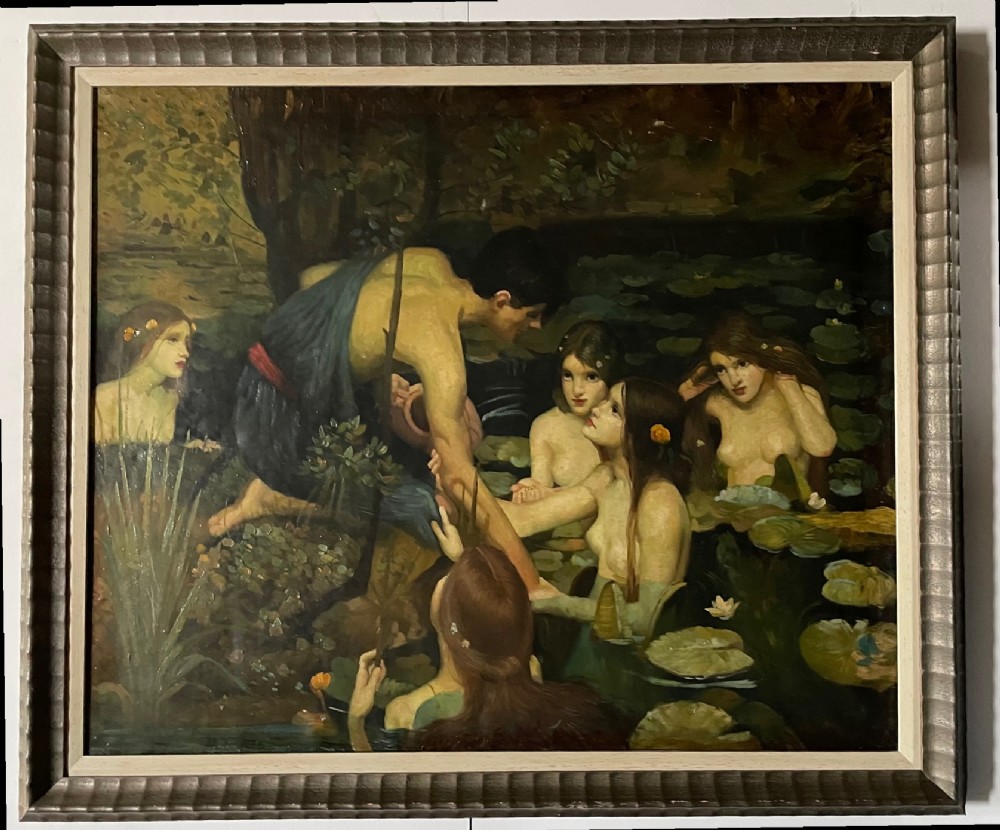 After John William Waterhouse, Hylas and the Nymphs, framed oil on canvas
