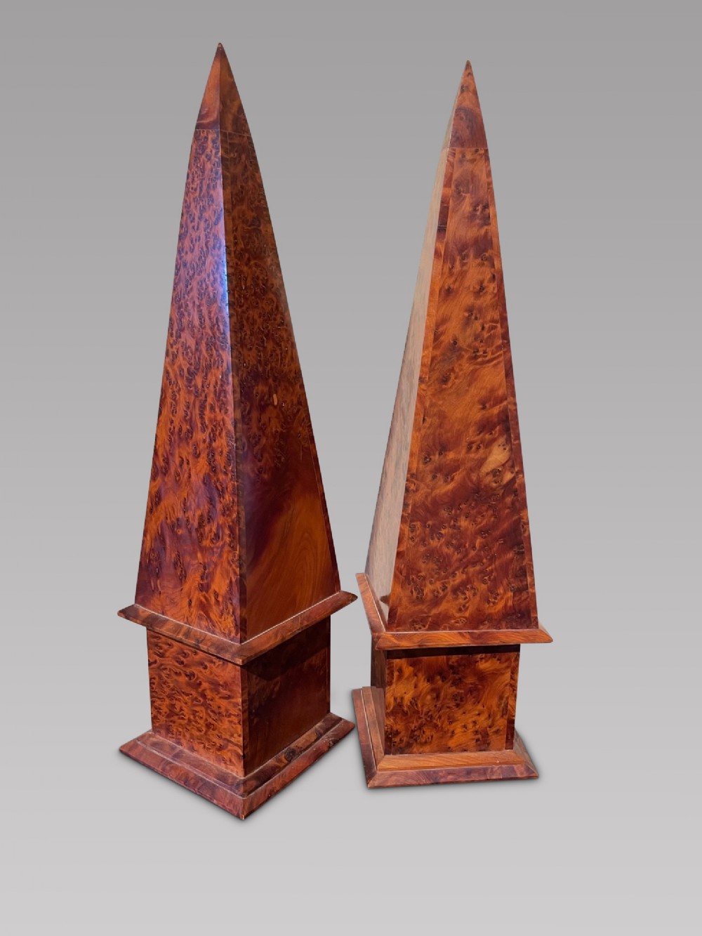 A Pair of Attractive Burr Maple Obelisks