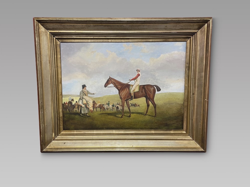 After Benjamin Marshall a 19thc Oil on Canvas of ‘Sam with jockey Sam Chifney up and trainer R Perrin’