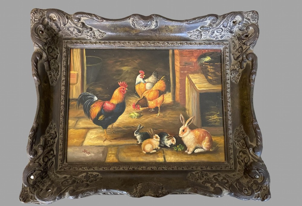 A Farmyard Scene - Oil On Canvas with Chickens and Rabbits signed Hunt