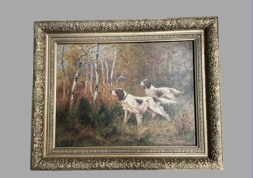 Gaston Corbier - Two Setters Woodland Setting - Oil On Canvas 
