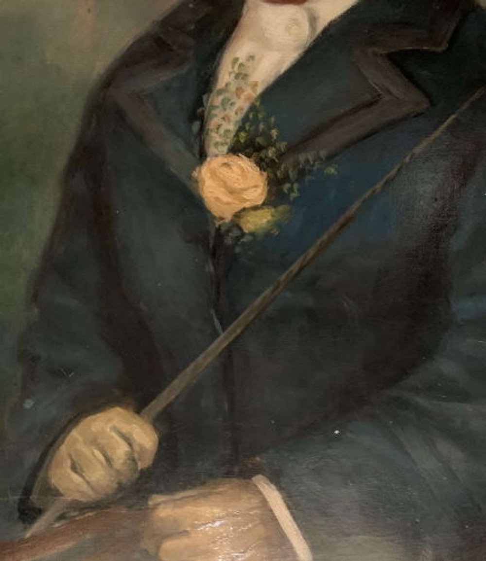 An antique oil painting on canvas depicting a child in a top hat and blue riding coat within a wooden frame featuring a gilt inner slip. View IV