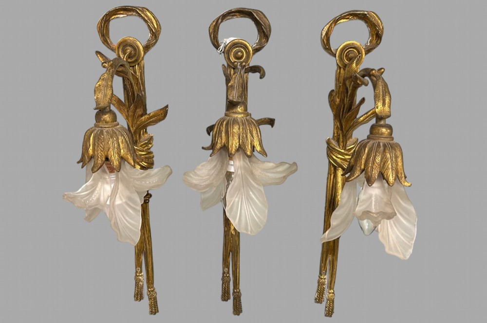 A Set of Three Late 19thc Gilt and Glass Wall Lights