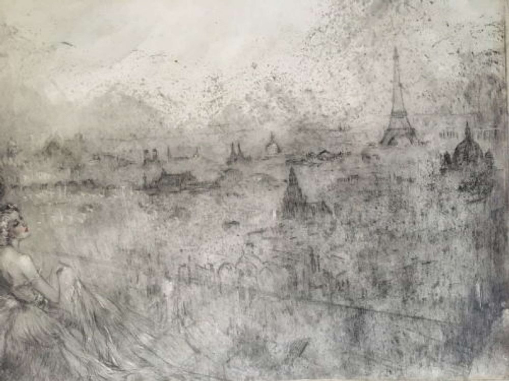 A framed monochrome Art Deco etching depicting two figures in period dress overlooking the skyline of Paris with the Eiffel Tower. View IV