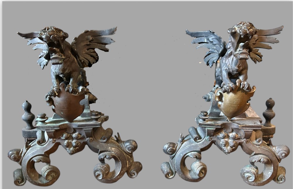 A Pair Of Fabulous Old Nickel over Bronze Andirons