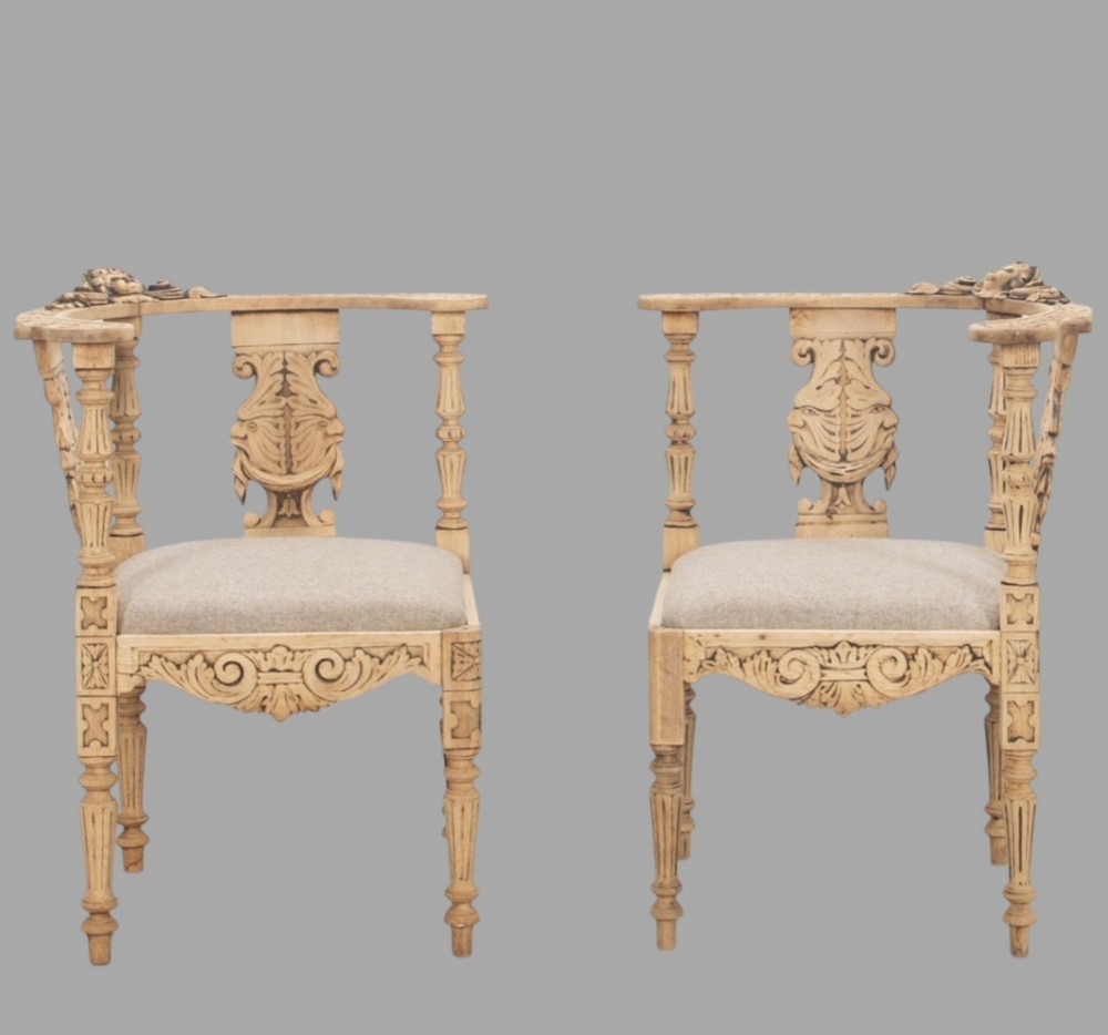 A Fabulous Pair of 19thc Bleached Oak Corner Chairs