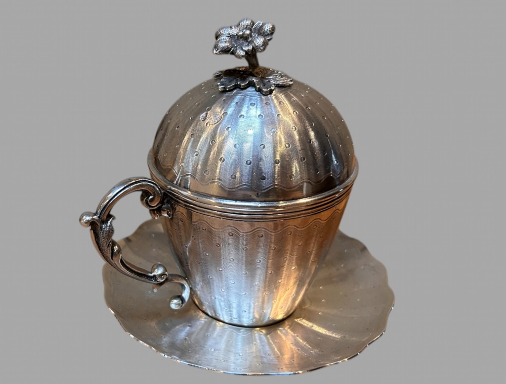 A Turkish Silver Cup with Decorative Lid and Saucer c1900