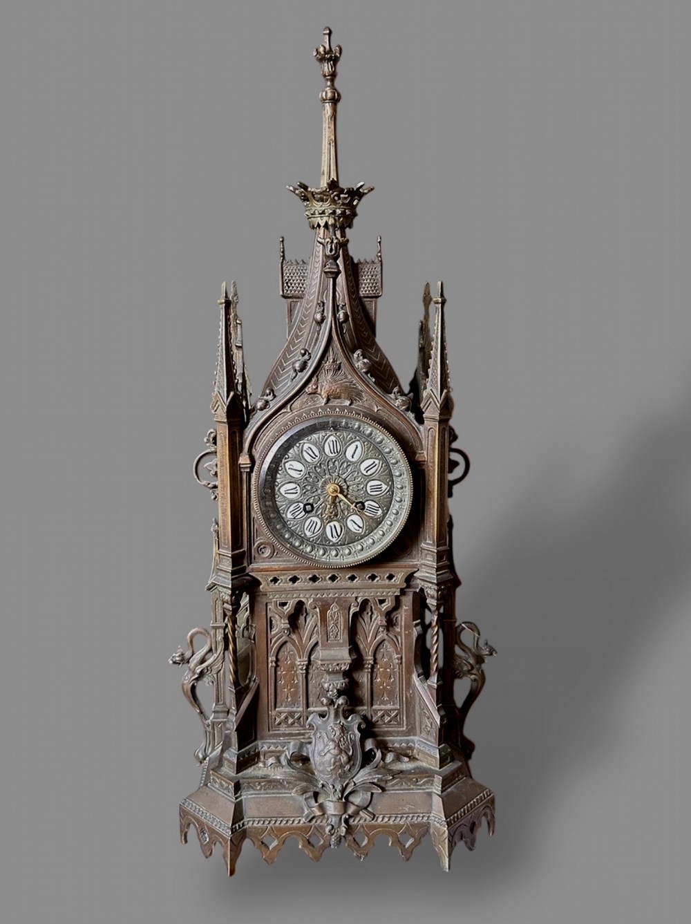 A Lovely French Bronze Gothic Shelf Clock