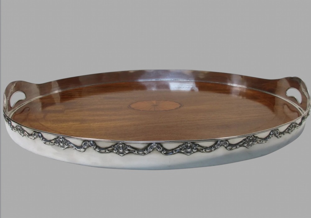 Shreve & Co Large Sterling Mahogany Glass Overlay Gallery Tray - C 1910