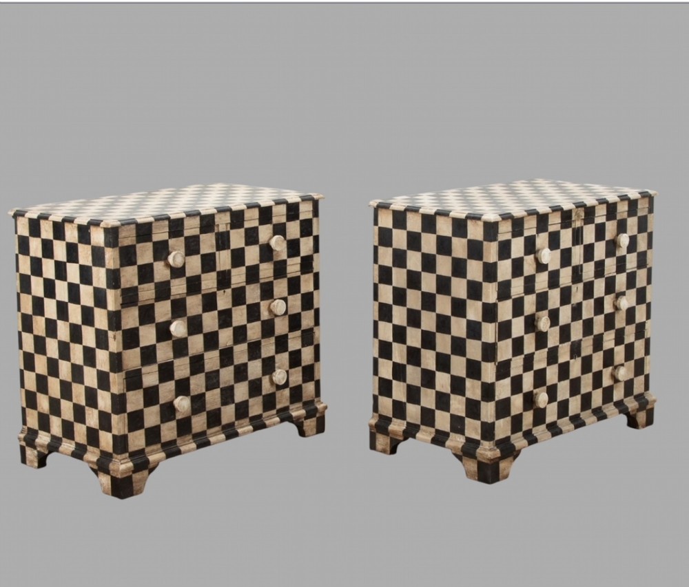 A Wonderful Pair of Chequered Painted Chest of Drawers c1865
