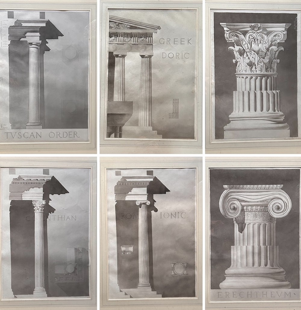 Pauline Chamberlain - Six Large Framed Architectural Drawings - Signed Pen and Ink
