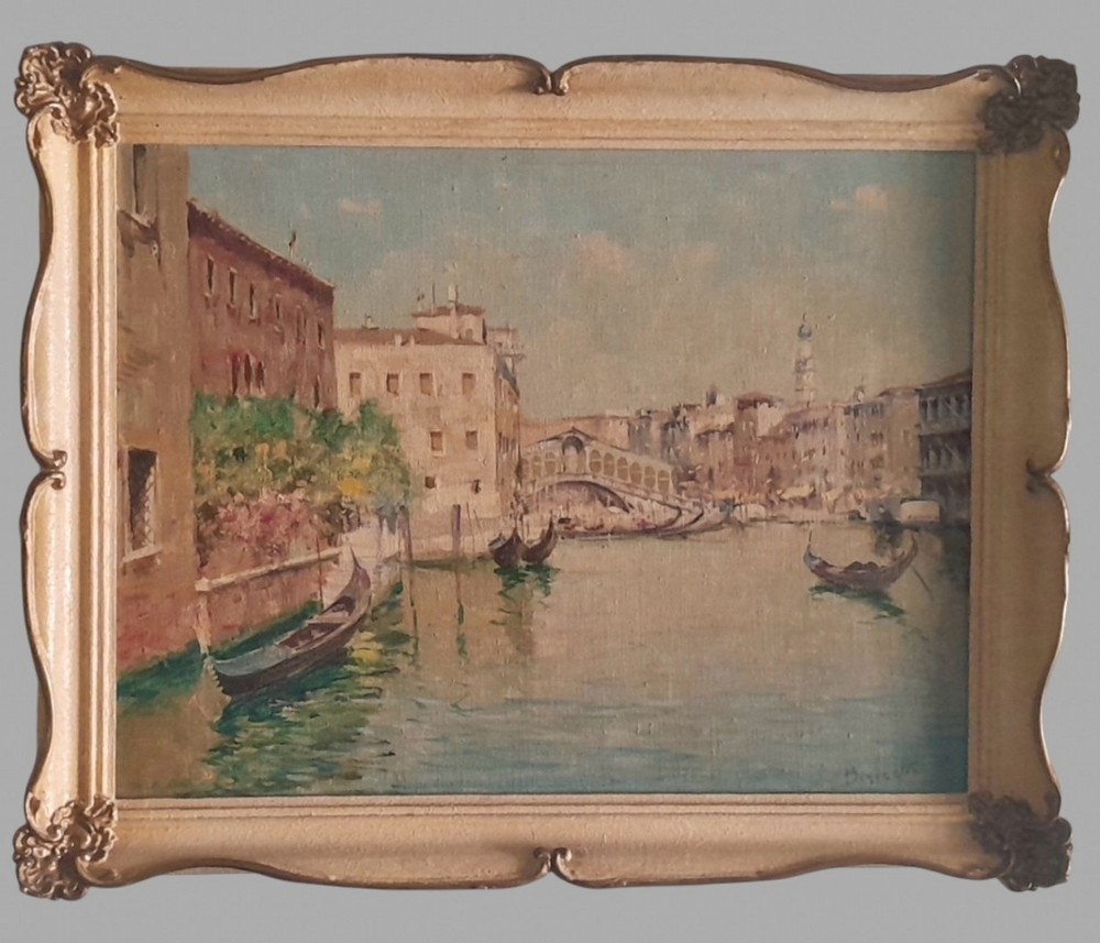 Renzo De Benedetti - Oil on Canvas - Venice Canal with Rialto Bridge in Background