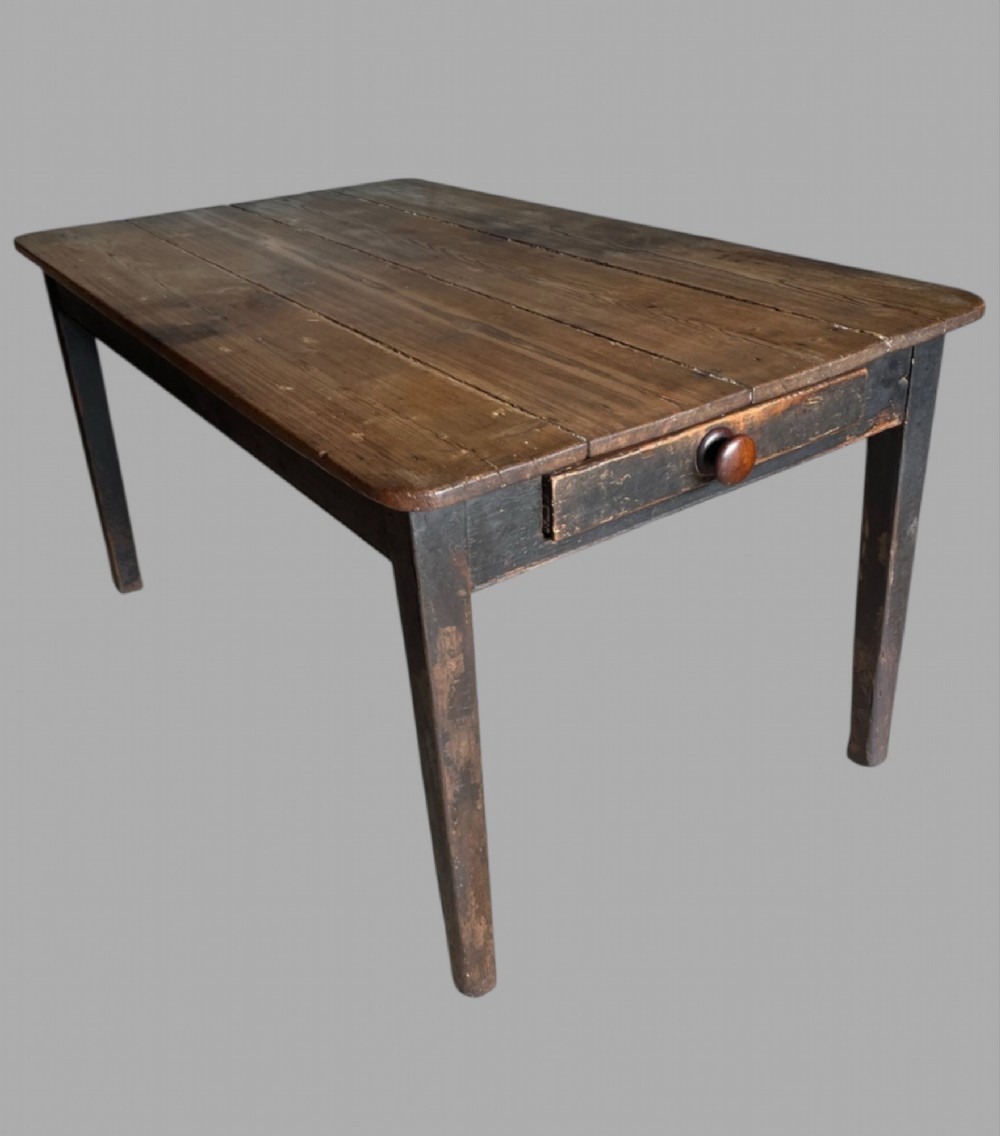 A Rustic 19thc Pine Plank Top Ebonised Farmhouse Table
