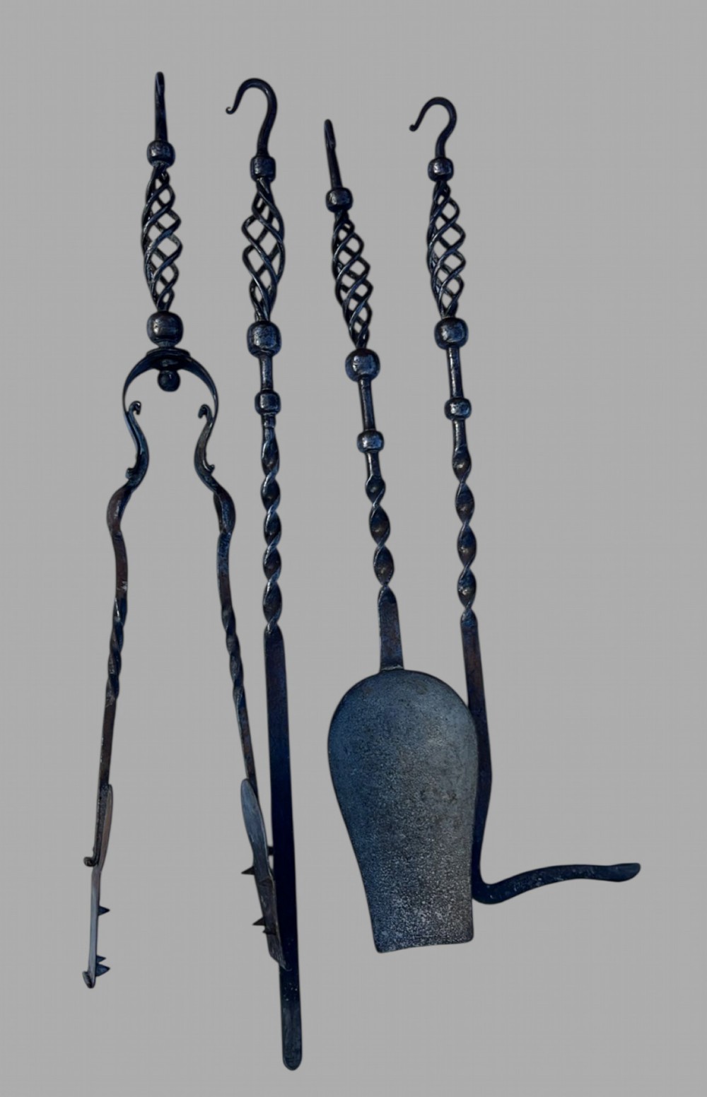 Set of 19th-Century French Hand-Forged Wrought Iron Fire Tools