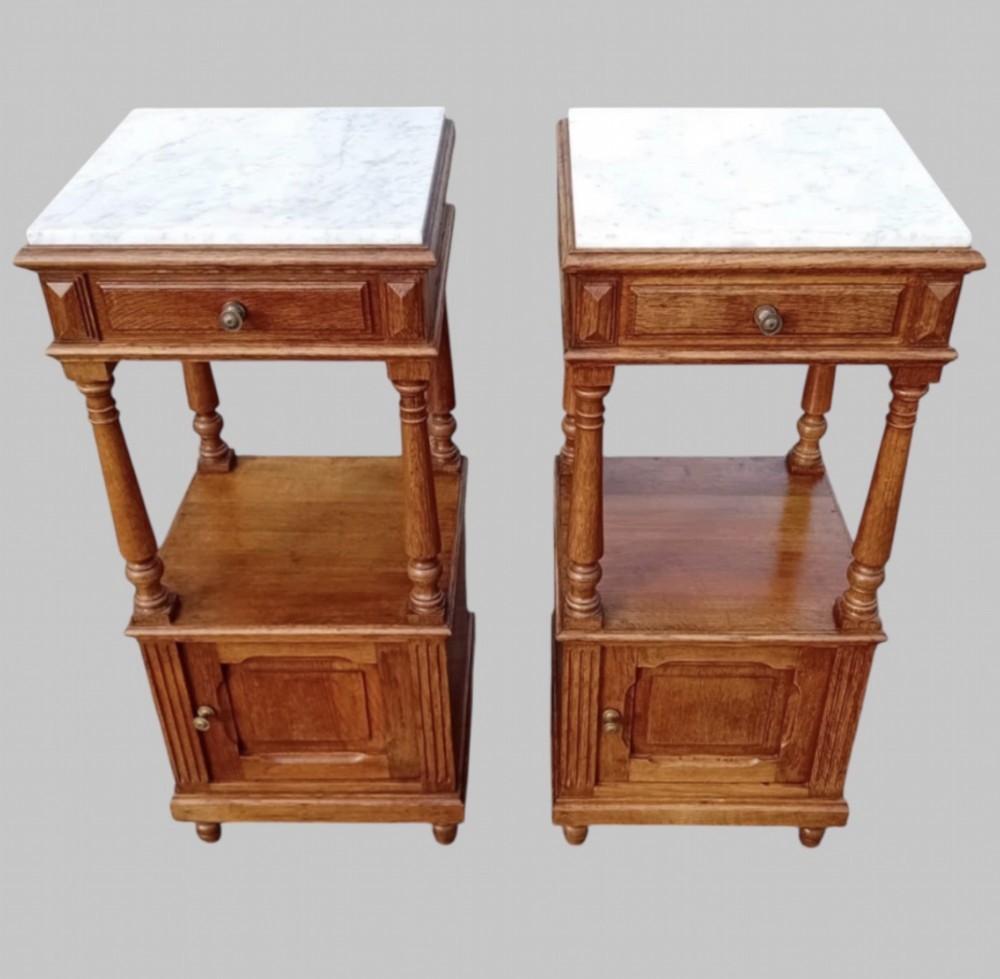 Pair of Early 20thc Oak Marble-Topped Bedside Cabinets