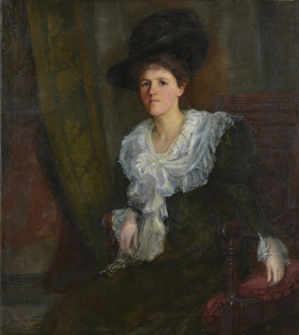 An antique oil painting on canvas depicting a child in a top hat and blue riding coat within a wooden frame featuring a gilt inner slip. View XIV