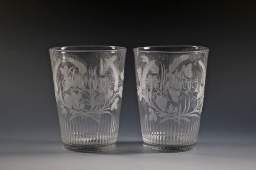 fine pair of large engraved tumblers with basal cut flutes english c1790 - CATEGORY: ANTIQUE GLASS - DATED 18TH CENTURY