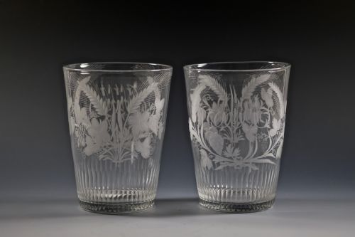 FINE PAIR OF LARGE ENGRAVED TUMBLERS WITH BASAL CUT FLUTES ENGLISH C1790 - ADDITIONAL PHOTO 1