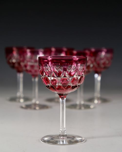 SET OF SIX CRANBERRY OVERLAY WINE GLASSES ENGLISH C1860 - ADDITIONAL PHOTO 2