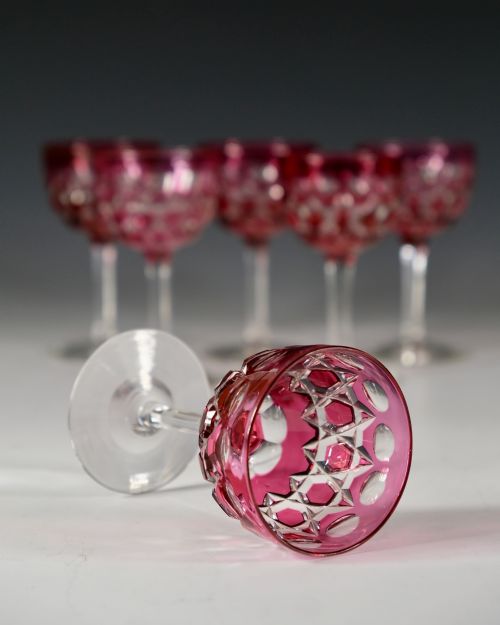 SET OF SIX CRANBERRY OVERLAY WINE GLASSES ENGLISH C1860 - ADDITIONAL PHOTO 4