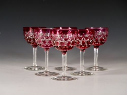 set of six cranberry overlay wine glasses english c1860 - CATEGORY: ANTIQUE GLASS - DATED 19TH CENTURY