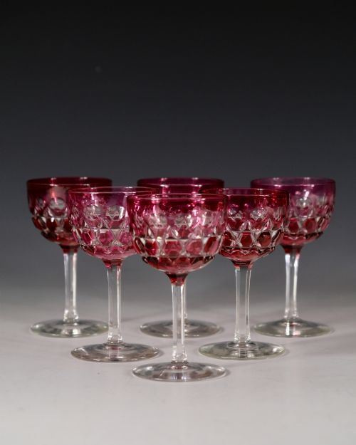 SET OF SIX CRANBERRY OVERLAY WINE GLASSES ENGLISH C1860 - ADDITIONAL PHOTO 1