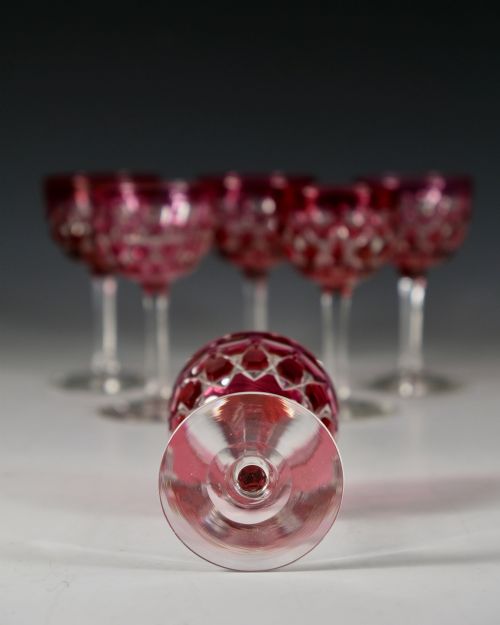 SET OF SIX CRANBERRY OVERLAY WINE GLASSES ENGLISH C1860 - ADDITIONAL PHOTO 5