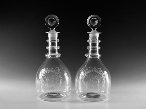 antique glass pair of plain three ring decanters english c1820 - CATEGORY: ANTIQUE GLASS - DATED GEORGIAN