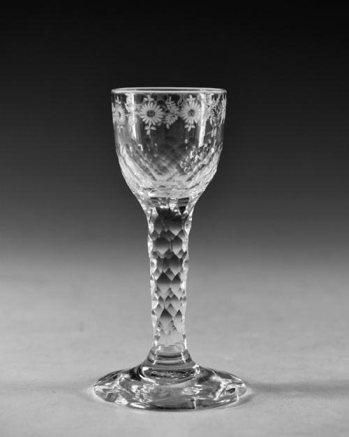 ANTIQUE GLASS FACET STEM WINE GLASS ENGLISH C1780 - ADDITIONAL PHOTO 1