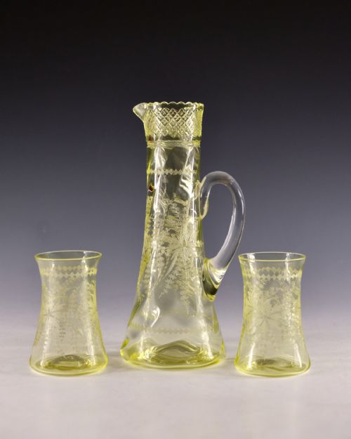 ANTIQUE GLASS CITRINE JUG AND TWO GOBLETS ENGLISH C1900 - ADDITIONAL PHOTO 2