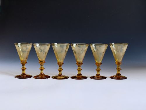 antique glass set of six engraved amber wine glasses english c1860 - CATEGORY: ANTIQUE GLASS - DATED 19TH CENTURY