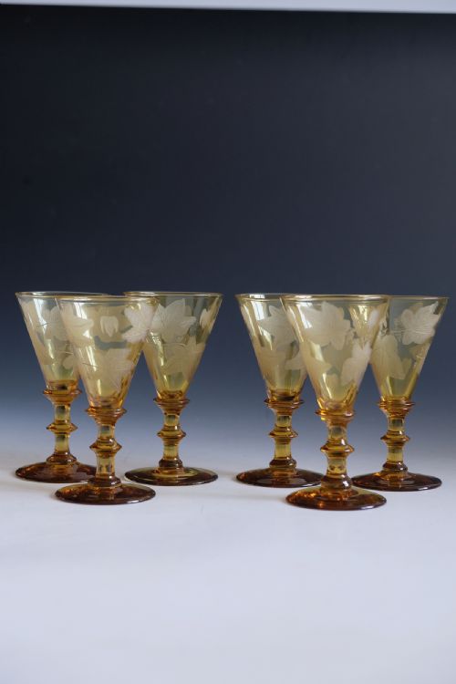 ANTIQUE GLASS SET OF SIX ENGRAVED AMBER WINE GLASSES ENGLISH C1860 - ADDITIONAL PHOTO 2
