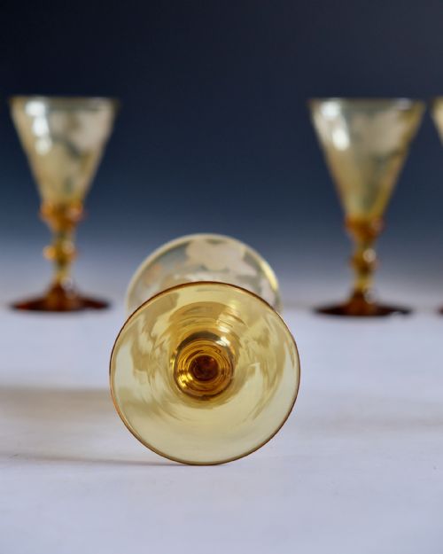 ANTIQUE GLASS SET OF SIX ENGRAVED AMBER WINE GLASSES ENGLISH C1860 - ADDITIONAL PHOTO 8