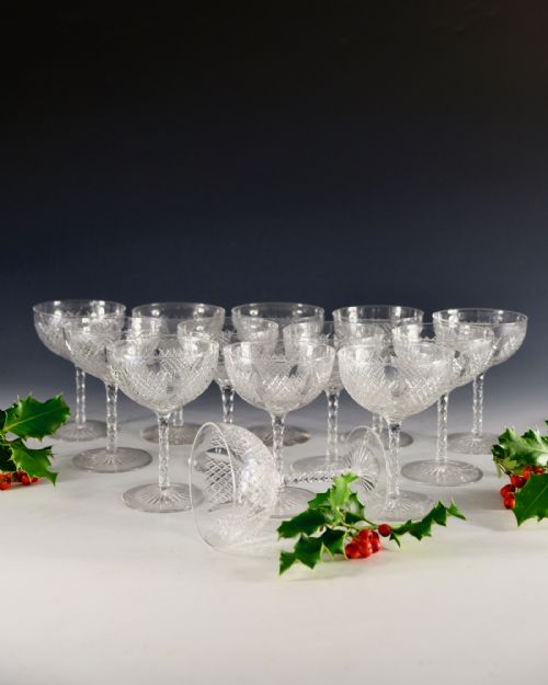 ANTIQUE GLASS SET OF 13 FINE QUALITY CHAMPAGNE GLASSES ENGLISH C1880 - ADDITIONAL PHOTO 1