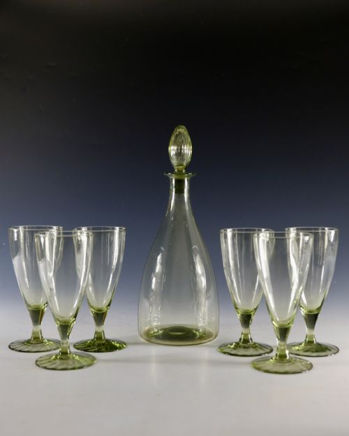 ANTIQUE GLASS SEA GREEN DECANTER AND SIX GLASSES C1920 - ADDITIONAL PHOTO 1