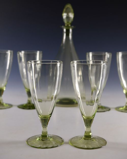 ANTIQUE GLASS SEA GREEN DECANTER AND SIX GLASSES C1920 - ADDITIONAL PHOTO 2