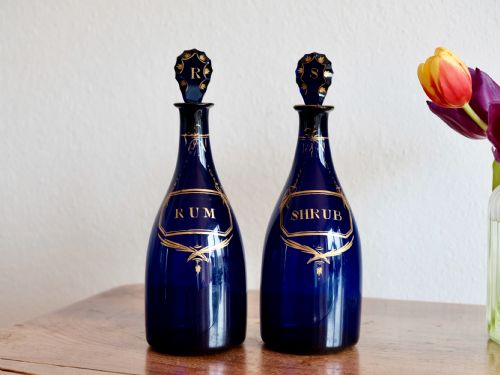 antique glass pair of blue taper decanters english c1790 - CATEGORY: ANTIQUE GLASS - DATED 18TH CENTURY