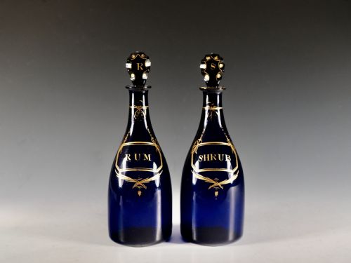 ANTIQUE GLASS PAIR OF BLUE TAPER DECANTERS ENGLISH C1790 - ADDITIONAL PHOTO 2