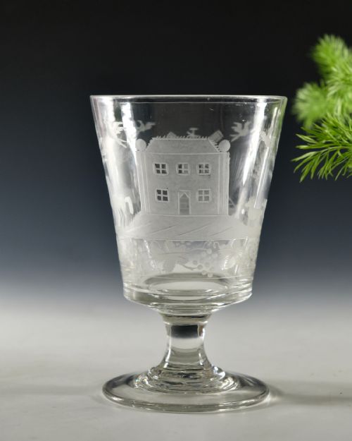ANTIQUE GLASS RUMMER ENGRAVED RURAL SCENE ENGLISH C1835 - ADDITIONAL PHOTO 1