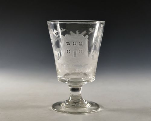 ANTIQUE GLASS RUMMER ENGRAVED RURAL SCENE ENGLISH C1835 - ADDITIONAL PHOTO 2