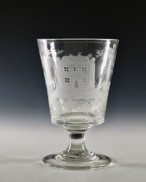 ANTIQUE GLASS RUMMER ENGRAVED RURAL SCENE ENGLISH C1835 - ADDITIONAL PHOTO 3