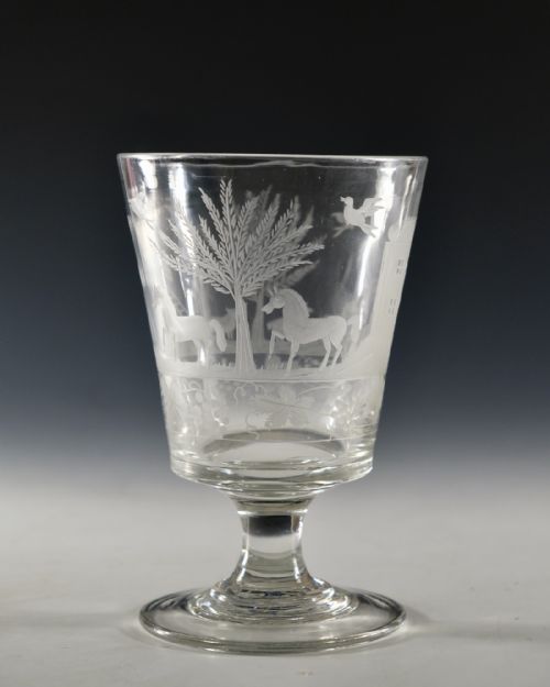 ANTIQUE GLASS RUMMER ENGRAVED RURAL SCENE ENGLISH C1835 - ADDITIONAL PHOTO 4