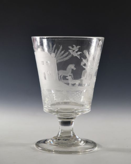 ANTIQUE GLASS RUMMER ENGRAVED RURAL SCENE ENGLISH C1835 - ADDITIONAL PHOTO 7