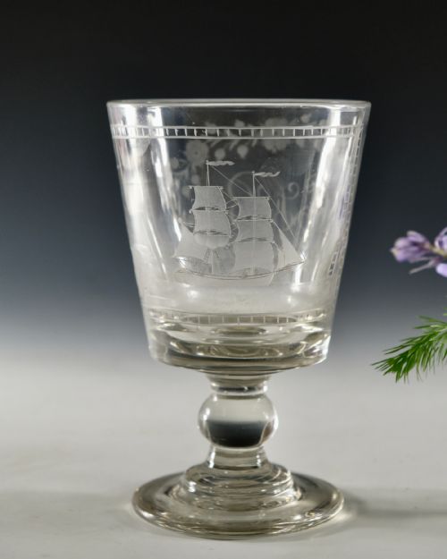 ANTIQUE GLASS RUMMER ENGRAVED SHIP ENGLISH C1820 - ADDITIONAL PHOTO 1