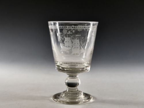 ANTIQUE GLASS RUMMER ENGRAVED SHIP ENGLISH C1820 - ADDITIONAL PHOTO 2