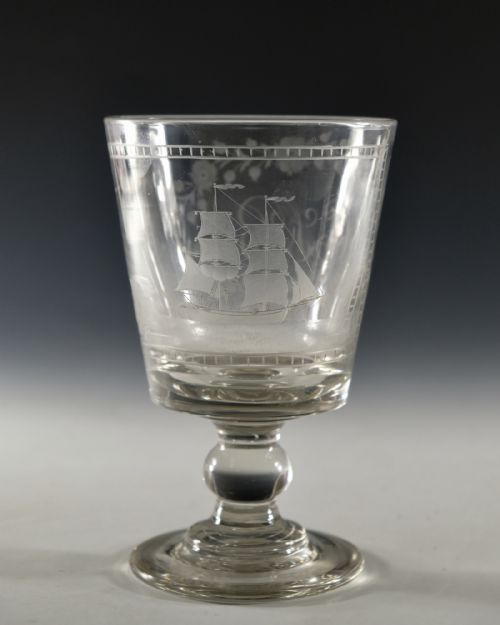ANTIQUE GLASS RUMMER ENGRAVED SHIP ENGLISH C1820 - ADDITIONAL PHOTO 3