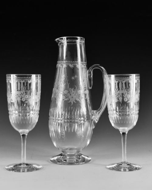 ANTIQUE GLASS ENGRAVED JUG AND TWO GOBLETS ENGLISH C1880 - ADDITIONAL PHOTO 1