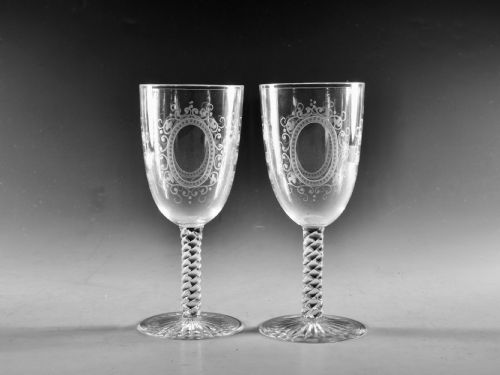 antique glass goblets engraved pair english c1880 - CATEGORY: ANTIQUE GLASS - DATED 19TH CENTURY