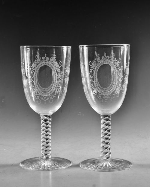 ANTIQUE GLASS GOBLETS ENGRAVED PAIR ENGLISH C1880 - ADDITIONAL PHOTO 1